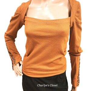 Free People Stretch Ribbed Top Y2K Square Neck Gold Grommet Split Bell Sleeve S